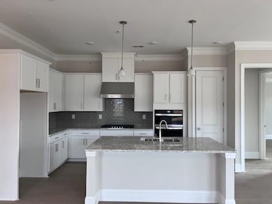 Kitchen with under cabinet range hood, a sink, black stovetop, double oven, and light stone countertops