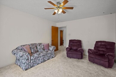 Living area with a ceiling fan, carpet, and a text