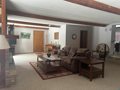 Carpeted living room featuring beamed ceiling and 