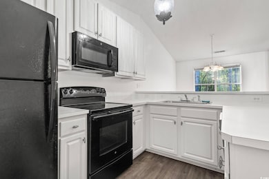 Kitchen with light countertops, dark wood-style fl