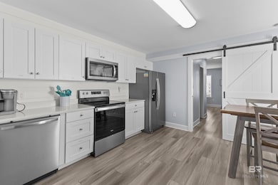 Kitchen with a barn door, appliances with stainless steel finishes, and white cabinets