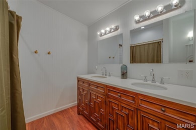 Bathroom featuring light wood-style floors, double vanity, a shower with curtain, and ornamental molding