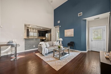 Living room with high vaulted ceiling, healthy am