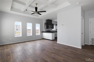 Unfurnished living room featuring dark wood-type flooring, coffered ceiling, ceiling fan, and beamed ceiling