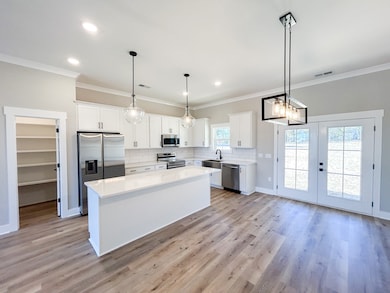This large pantry stores small kitchen appliances and food. The kitchen island provides extra storage, including a garbage can/recycle pullout, counter space and additional eating space for quick meals.