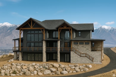 View of front facade with a mountain view, roof with shingles, stone siding, and a porch