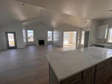 Kitchen with vaulted ceiling, plenty of natural light, a kitchen island, wood finished floors, and open floor plan