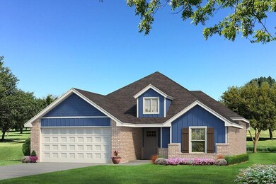 View of front of property featuring brick siding, board and batten siding, an attached garage, and a front yard
