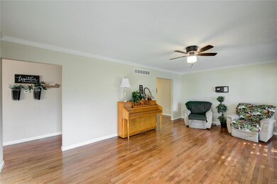 Living room with crown molding and a ceiling fan