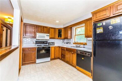 Wood cabinets and window frame this kitchen, which