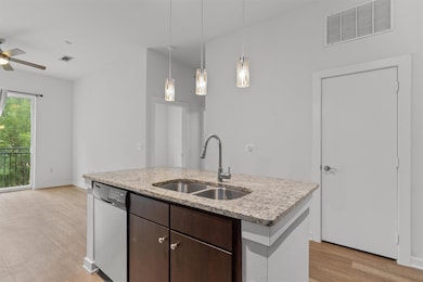 Kitchen featuring stainless steel dishwasher, lig