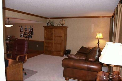 Living Room. The living room features crown moldin