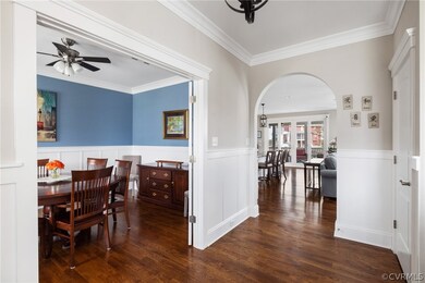 Dining room featuring french doors, ceiling fan, o
