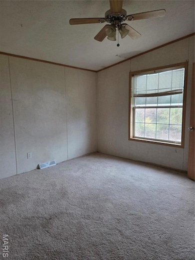 Empty room featuring ornamental molding, carpet, a textured ceiling, and a ceiling fan