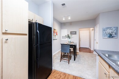 Kitchen with freestanding refrigerator, dark count