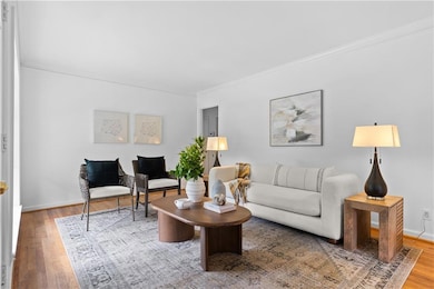 Living area with wood finished floors, crown molding, and baseboards