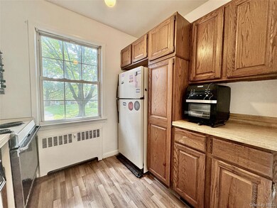 Kitchen featuring white appliances, radiator heating unit, healthy amount of natural light, and brown cabinets