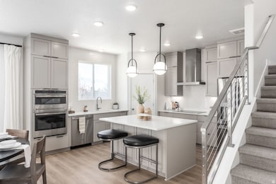 A total 'wow' kitchen-quartz countertops, stainless appliances, and a big island for charcuterie or homework. *model