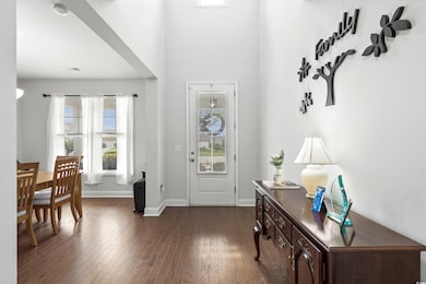 Foyer entrance with baseboards, dark wood-style fl