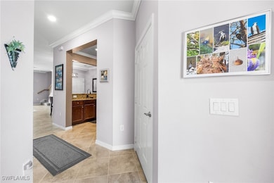 Entry hall with sink, ornamental molding, and ligh