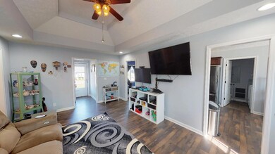 Living room with a coffered ceiling 