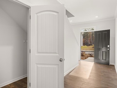 Robie front entryway hallway with a storage closet under the stairs with a wire shelf