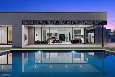 Outdoor pool with ceiling fan and a patio area