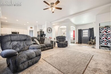 Carpeted living room with ceiling fan and ornament