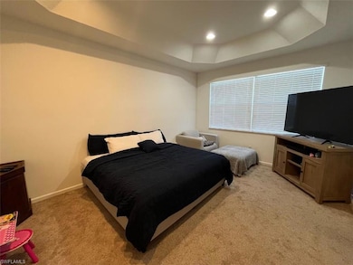 Carpeted bedroom with a tray ceiling