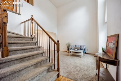 Stairs featuring a high ceiling and carpet