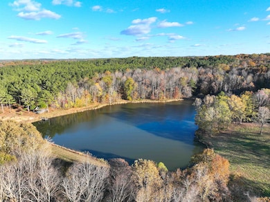 Bird's eye view of a heavily wooded area and a large body of water