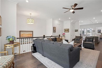 Living room with dark wood-style floors, ceiling f