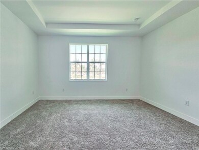 Carpeted spare room featuring a raised ceiling and baseboards