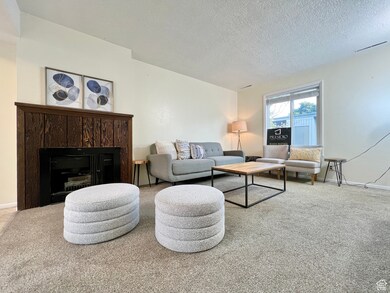 Carpeted living area with a textured ceiling and a premium fireplace