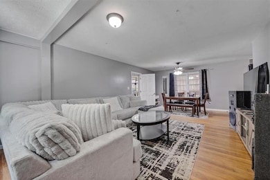 Living area with a ceiling fan and light wood-style floors