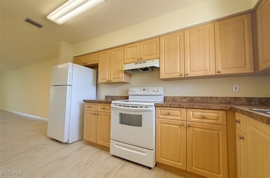 Kitchen with white appliances, under cabinet range hood, dark countertops, and light brown cabinets