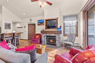 Living area with light wood-style floors, vaulted ceiling, a stone fireplace, a baseboard radiator, and recessed lighting