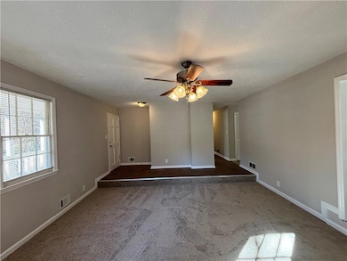 Carpeted empty room with ceiling fan and a texture