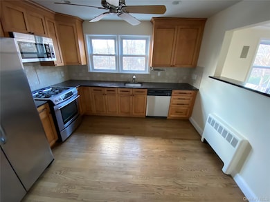 Kitchen featuring stainless steel appliances, radiator, light wood-type flooring, decorative backsplash, and ceiling fan