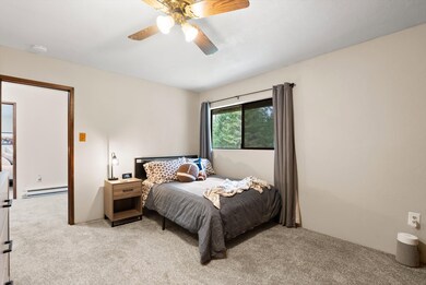 Bedroom featuring light carpet, ceiling fan, and a baseboard heating unit
