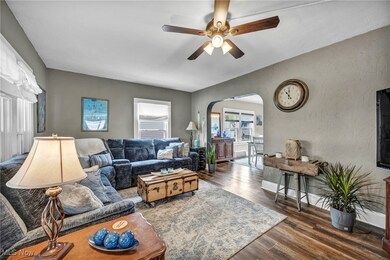 Living room featuring vinyl flooring and ceiling fan