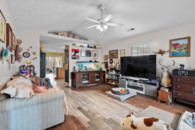 Living room with ceiling fan, lofted ceiling, and 