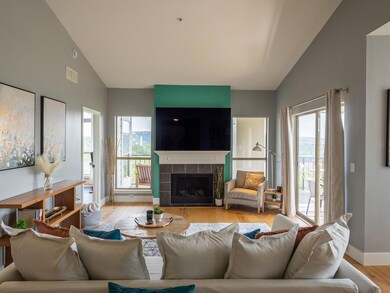 Living room featuring plenty of natural light, a fireplace, light wood finished floors, and high vaulted ceiling