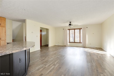  Living room with a textured ceiling, light wood-style flooring, and a ceiling fan