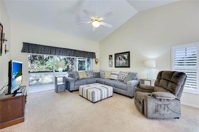 Carpeted living area with high vaulted ceiling, a 