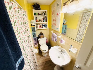 Bathroom with a shower with shower curtain, toilet