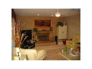 The carpeted family room includes a gorgeous brick
