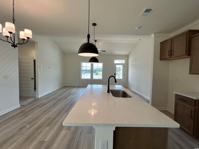Kitchen featuring light wood finished floors, pendant lighting, a chandelier, open floor plan, and an island with sink