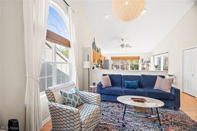 Living room with lofted ceiling, light hardwood / wood-style floors, a healthy amount of sunlight, and ceiling fan