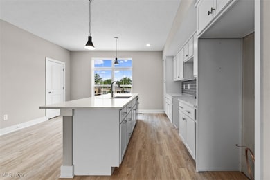 Kitchen with white cabinetry, backsplash, light wood-type flooring, and recessed lighting